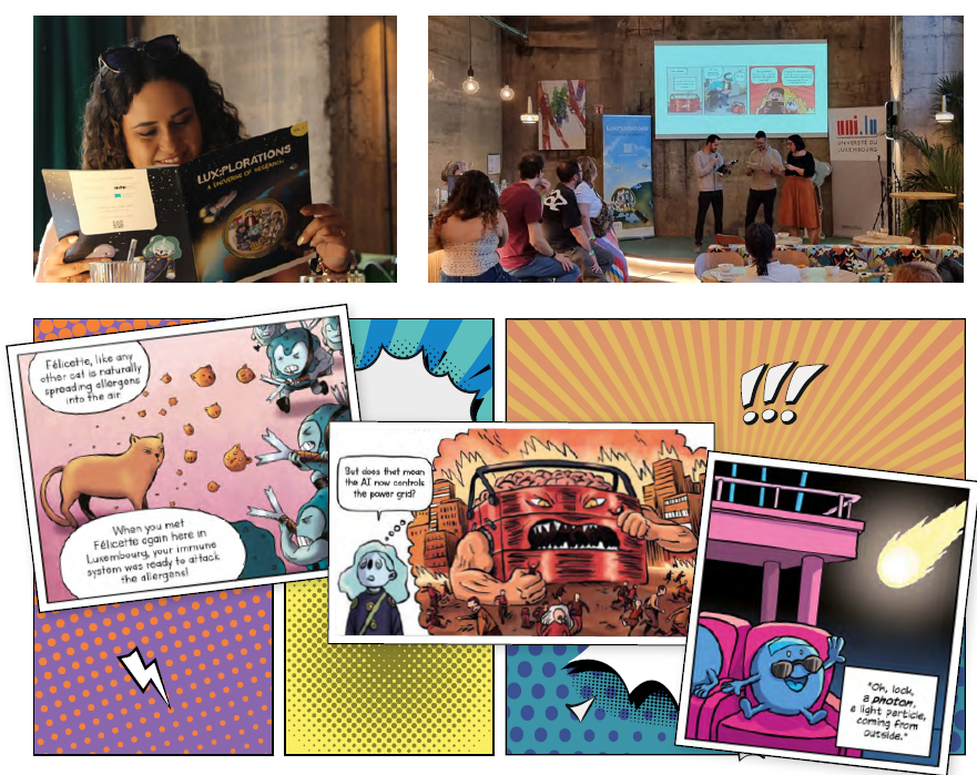 une fille lisant une bande dessinée et souriant