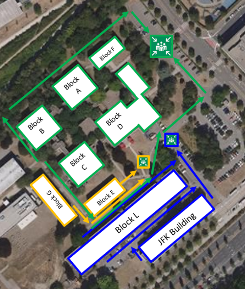 Trois points de rassemblement : un au nord des blocs A à F dans la zone verte, un à l'est du bloc D près de l'allée principale, et un entre les blocs L et E près du bâtiment JFK.