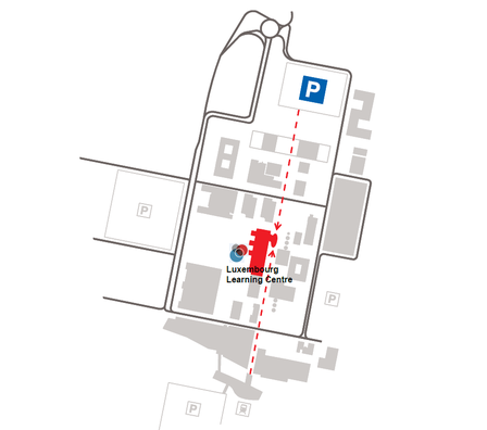 A map that shows that from the parking lot one can walk straight to the LLC.