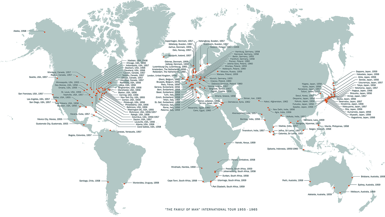 The Family of Man international tour 1955-1965. Map created by the CNA.