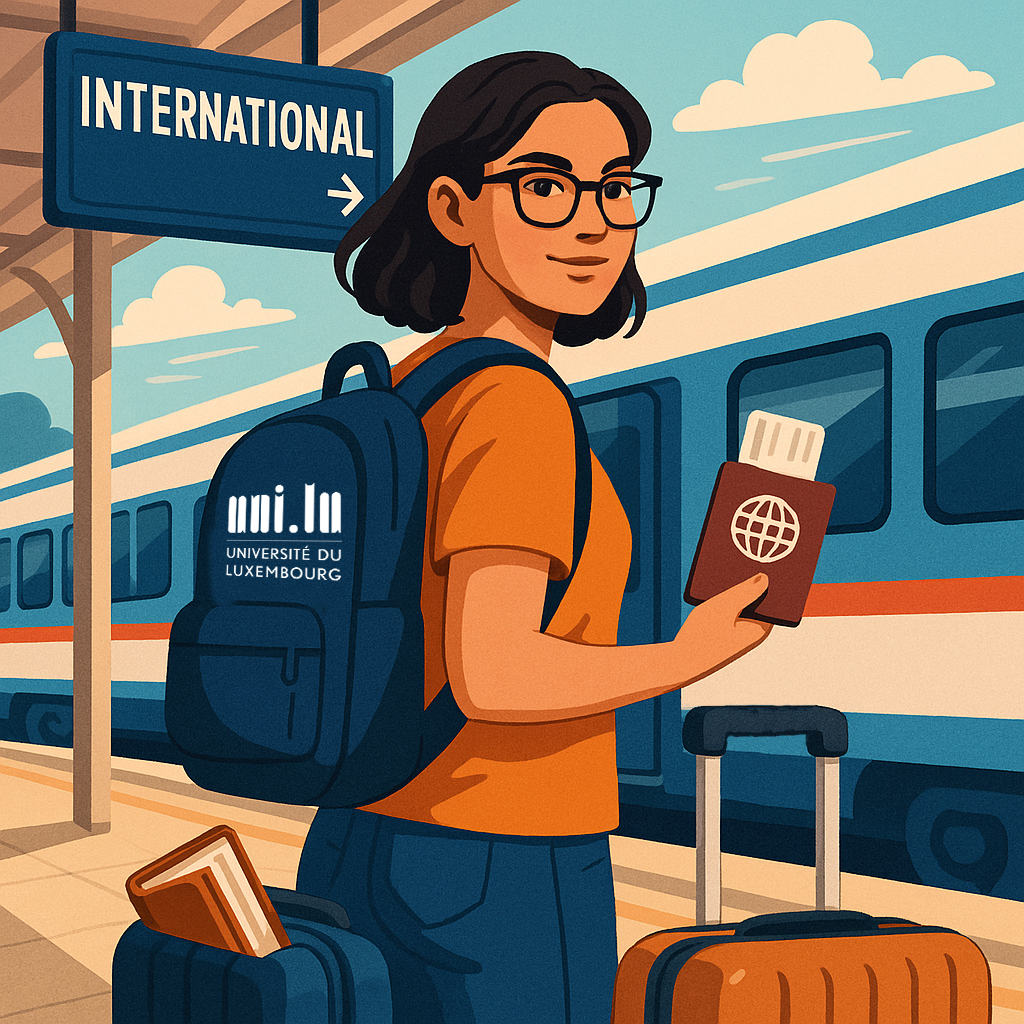 An illustration of a female student preparing to study abroad for an exchange semester, about to board an international train