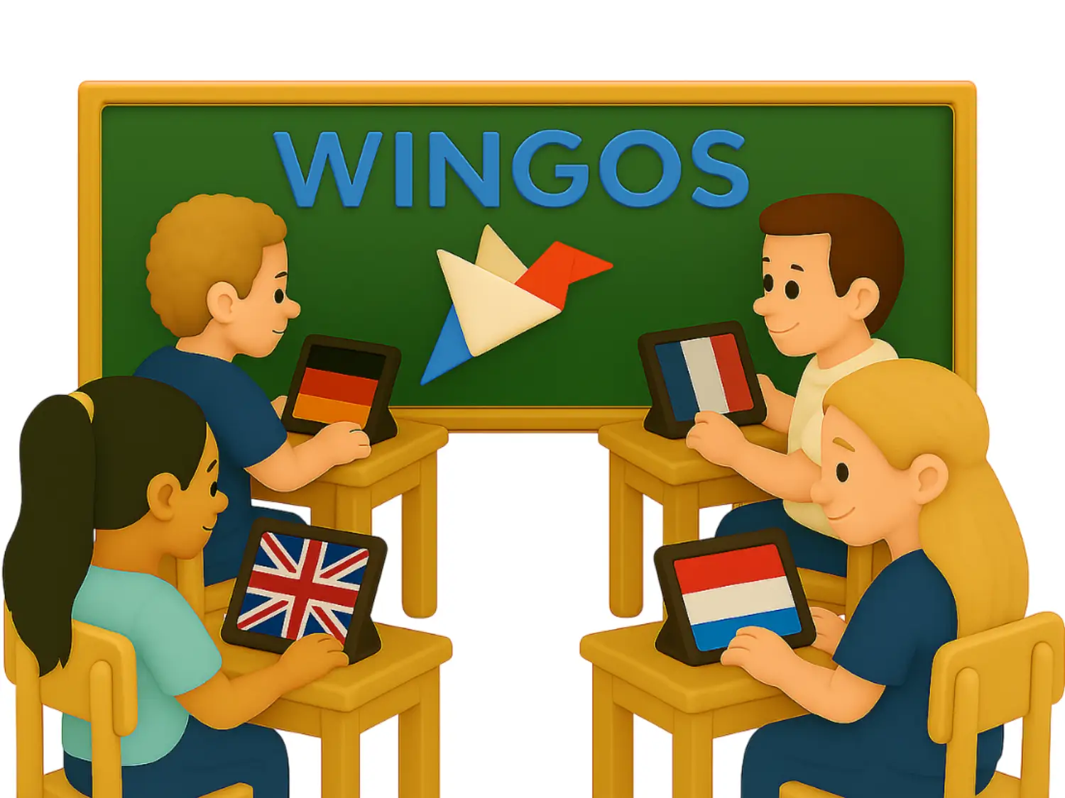Cartoon of four students in a classroom all with tablets in front of them showing different flags. The flags are Luxembourg, France, England, and Germany. The word "Wingos" is on the black board behind them.