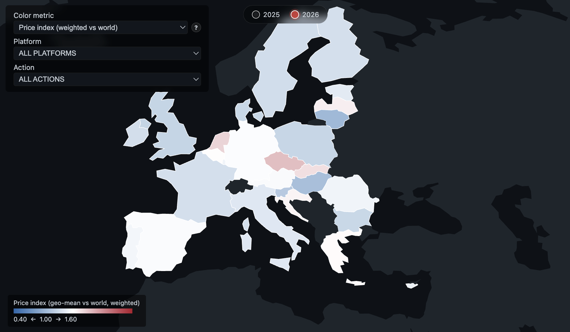 FAMOUS Project map depicting Europe in varying shades of blue to red depending on how strong the fake account market is in that country.