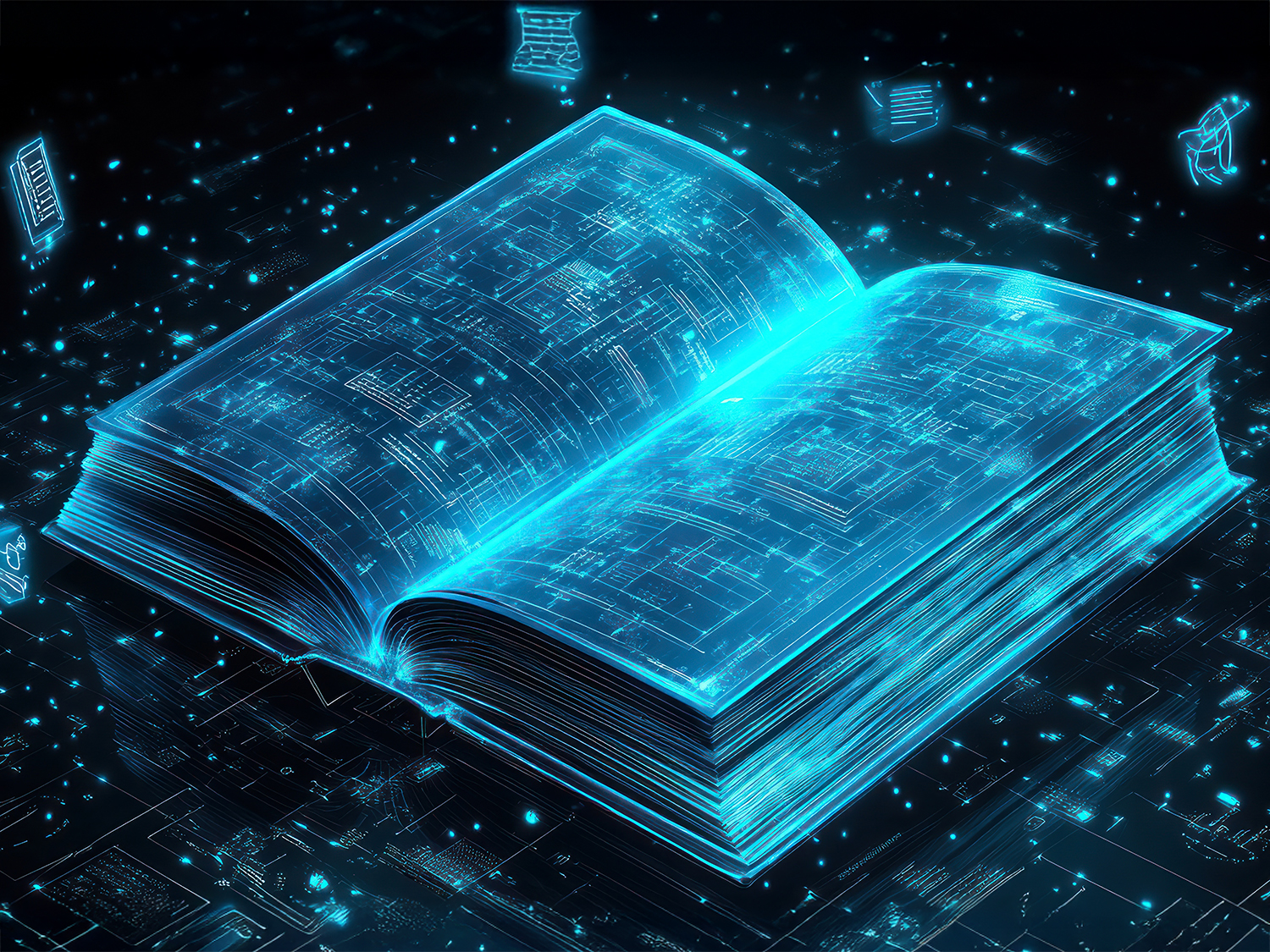 glowing, digital book surrounded by data particles, representing knowledge and technology.