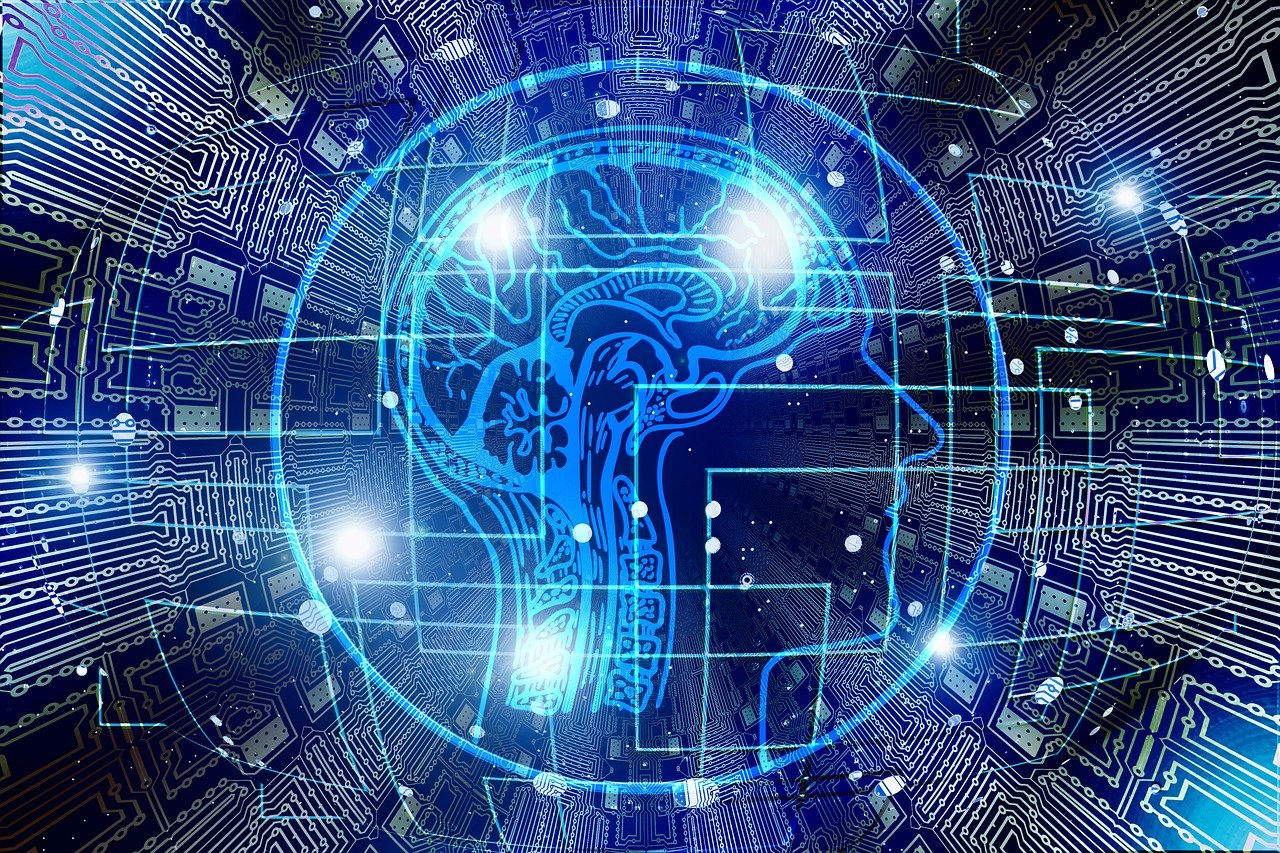 Human face lateral silhouette. Shows circuits and connections.