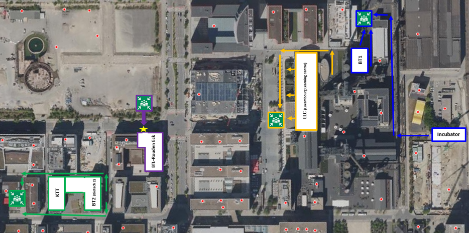 Assembly points are located near the KTT and BT2 buildings to the west, near the LLC in the center, and two points east of BT1 close to the Incubator