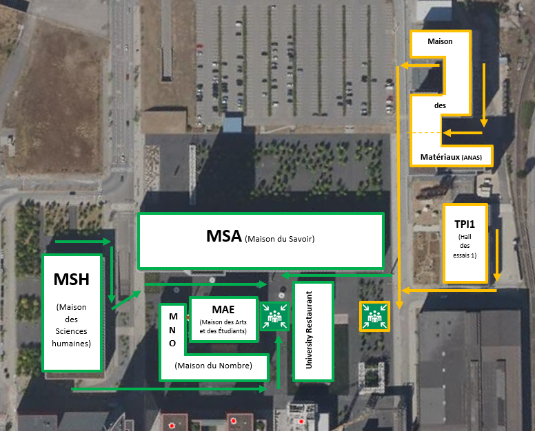 Two assembly points: one located south of the Maison du Savoir between the Maison des Arts et des Étudiants and the University Restaurant, and another south‑east of the Maison du Savoir, just south of the University Restaurant.