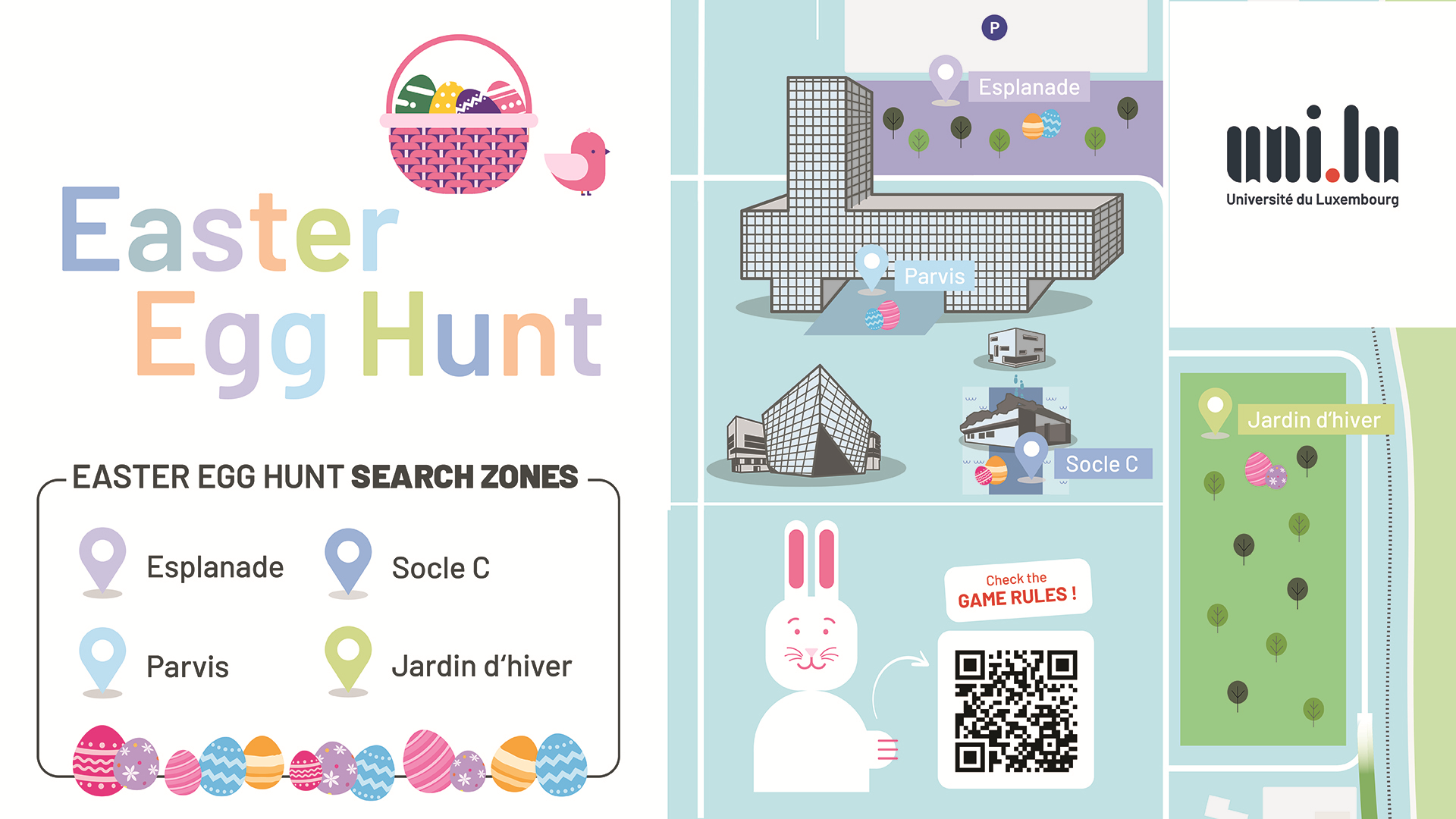 Illustrated Easter Egg Hunt map at the University of Luxembourg showing four search zones: Esplanade, Parvis, Socle C, and Jardin d’Hiver, with marked areas, buildings, trees, Easter eggs, a legend, and a QR code linking to the game rules